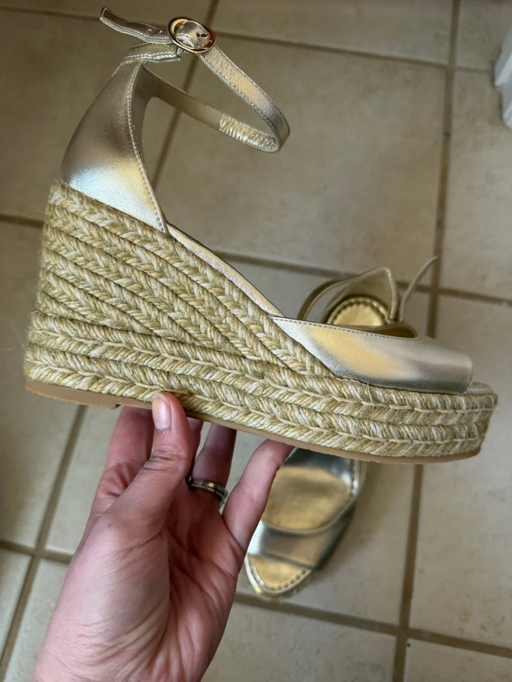Stuart Weitzman Metallic Gold Espadrille Wedge with Ankle Strap size 8 NWOT - Picture 3 of 12